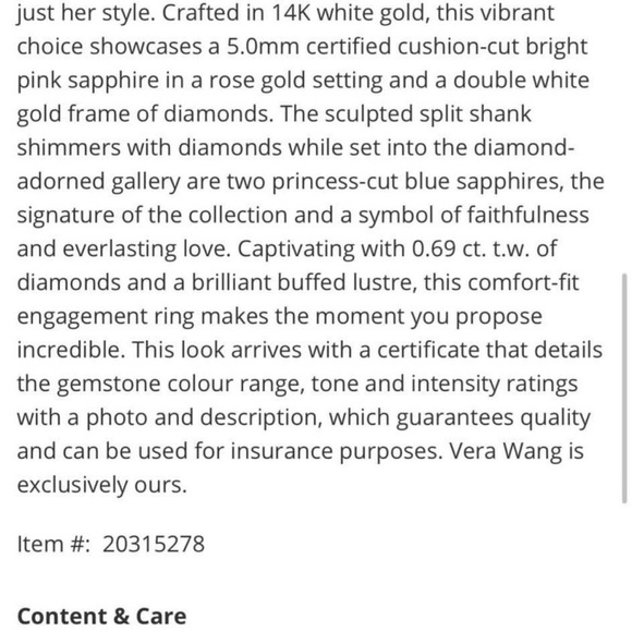 Vera Wang Pink Sapphire and Diamond Ring. Size 6.5 - Picture 7 of 7